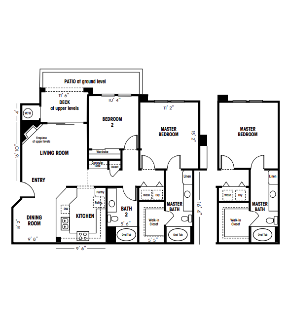 Floor plan for 2 beds, 2 baths, 1343 sqft